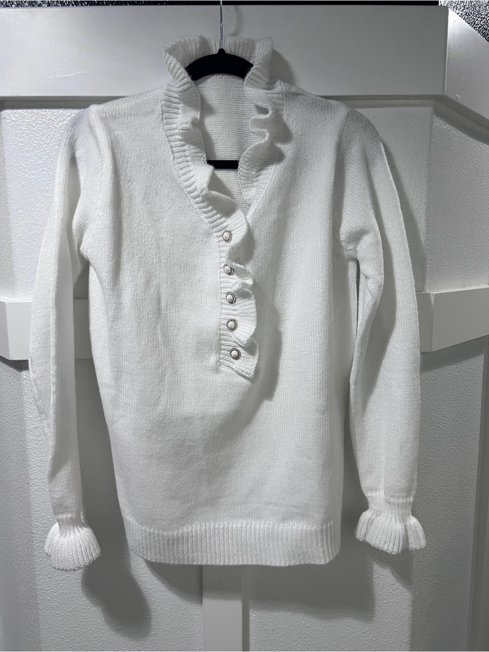 Ruffled Button-Front White Women's Sweater
